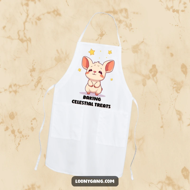 Funny creature with large cupped ears trying to catch falling stars, a whimsical apron.