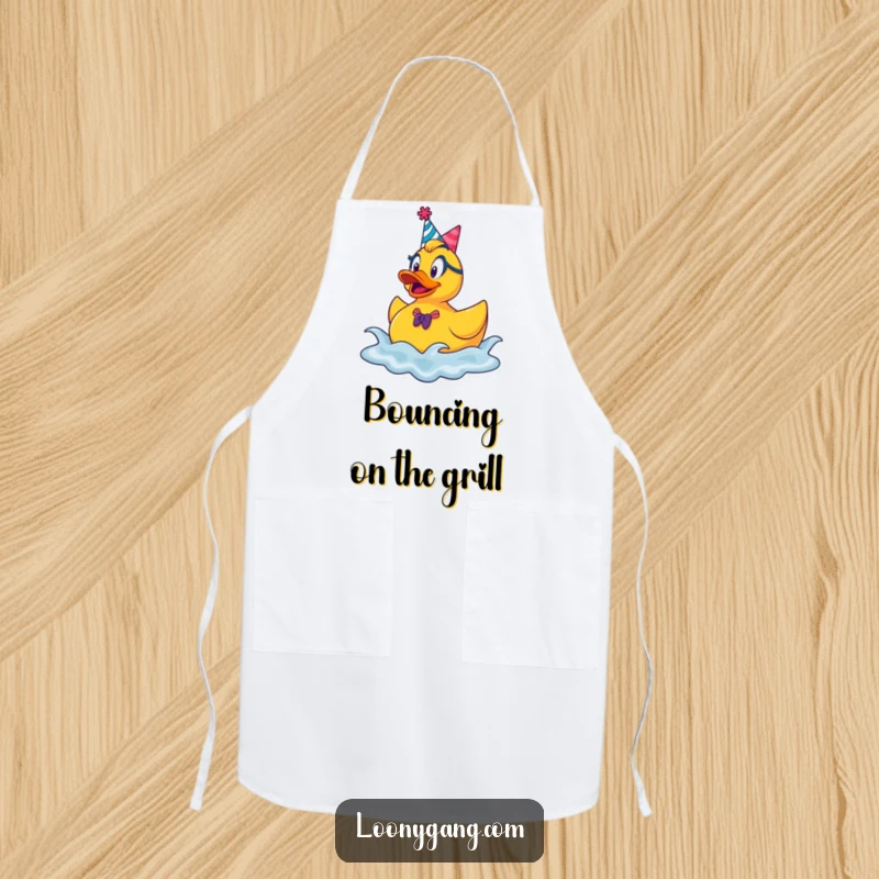 Funny rubber ducky party apron, a goofy duck wearing a hat, bouncing on waves, ready for culinary fun.