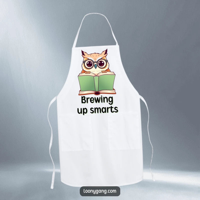 Funny apron featuring a cute owl with crooked glasses looking over a large recipe book, ready to cook.
