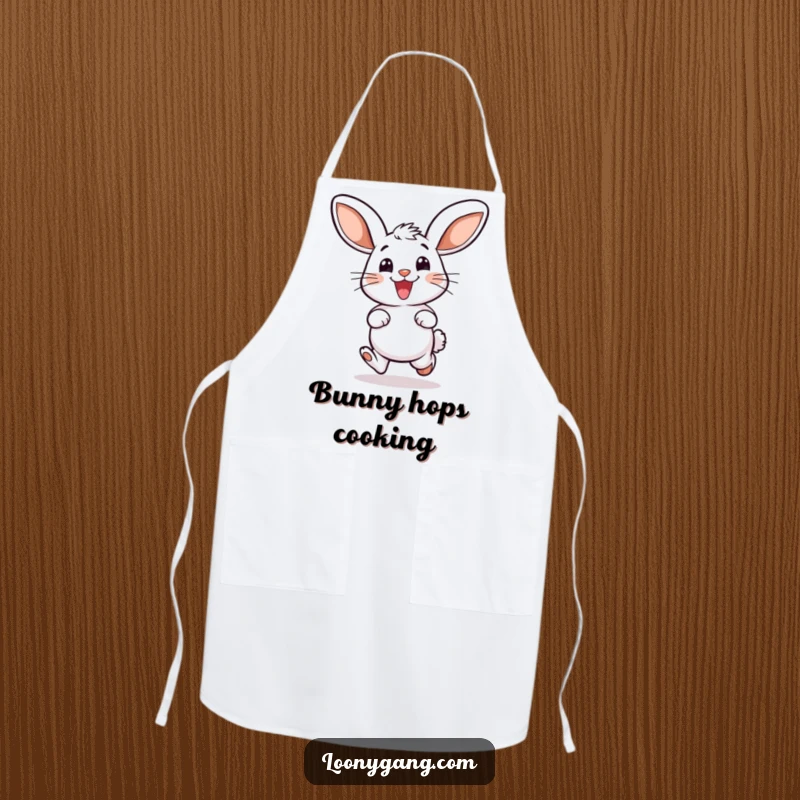 Funny apron depicting a smiling bunny with oversized ears, doing a delighted hop, perfect for kitchen adventures.