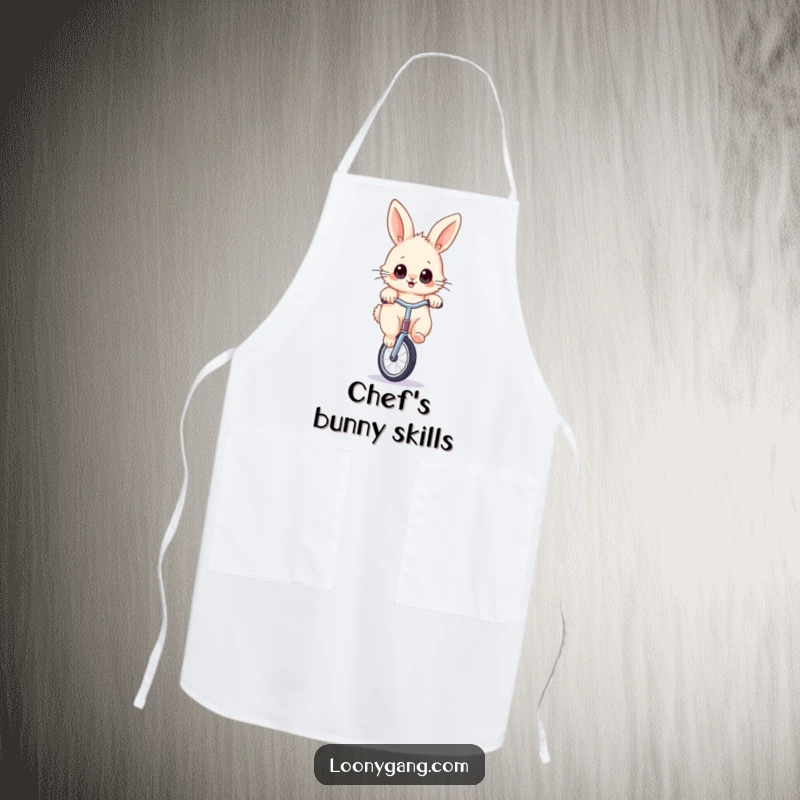 Funny rabbit unicycle apron adorned with a fluffy bunny with wide eyes, balancing on a unicycle, making kitchen tasks delightfully humorous.