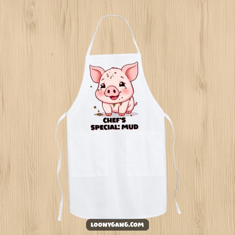 Funny Muddy Piglet Apron showing a cheerful piglet absolutely beaming amidst mud splatters. A functional and humorous kitchen accessory.