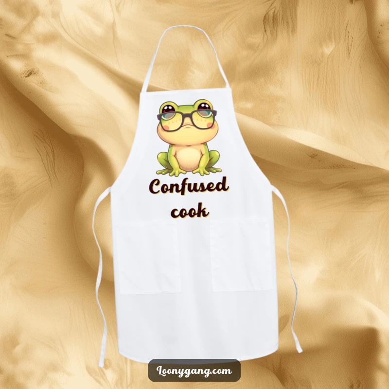 Funny frog wearing oversized glasses looking confused on a kitchen apron, a humorous and funny gift.