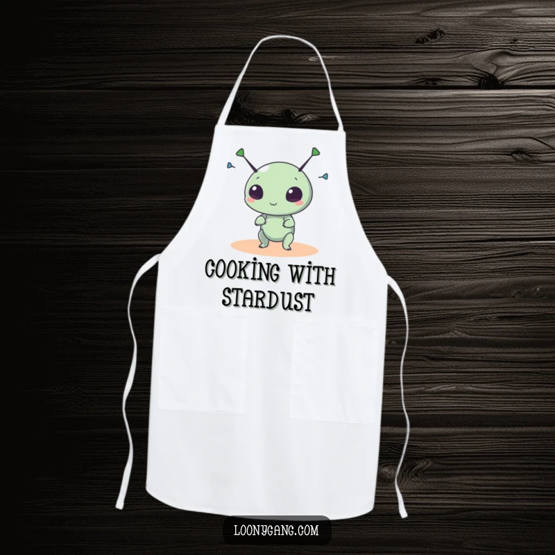Funny alien apron showing a small, round creature spinning its antennae wildly, perfect for a fun and quirky cooking experience.