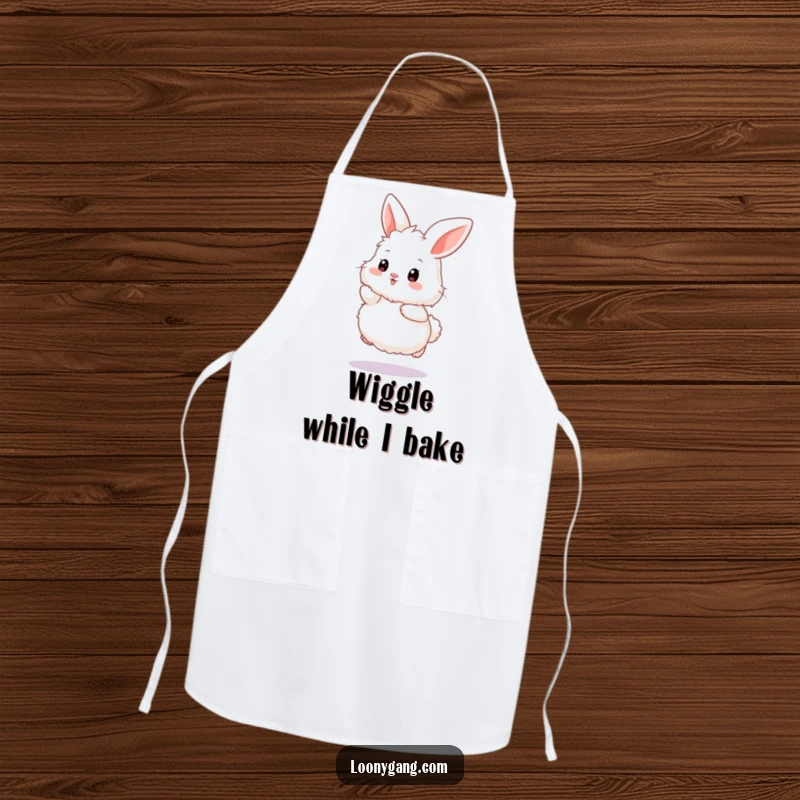 Funny bunny apron showing a fluffy white rabbit in a comical wiggle hop, ideal for a joyful cooking experience.