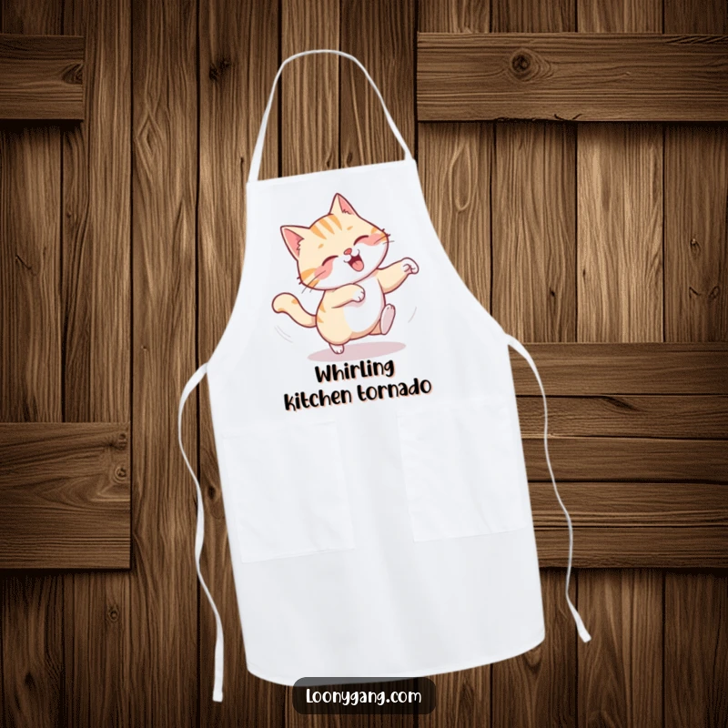 Funny apron depicting a chuckling cat in a dizzying, comical spin while chasing its tail, ready for kitchen fun.