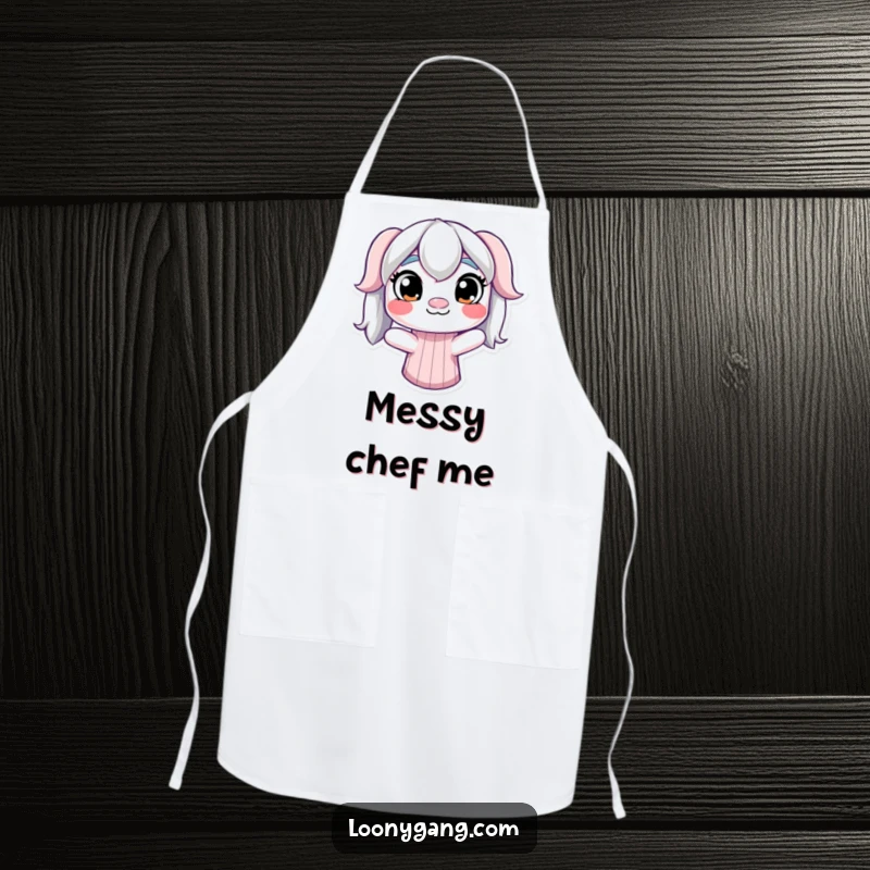 Funny Derpy Sock Puppet Apron: A chef’s accessory with a derpy sock puppet, mismatched wiggling eyes, ideal for kitchen silliness.