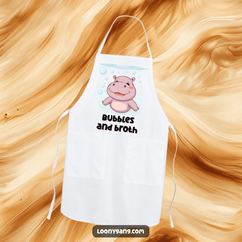 Funny giggling hippo blowing bubbles underwater on a durable kitchen apron, a practical and funny gift for cooks.
