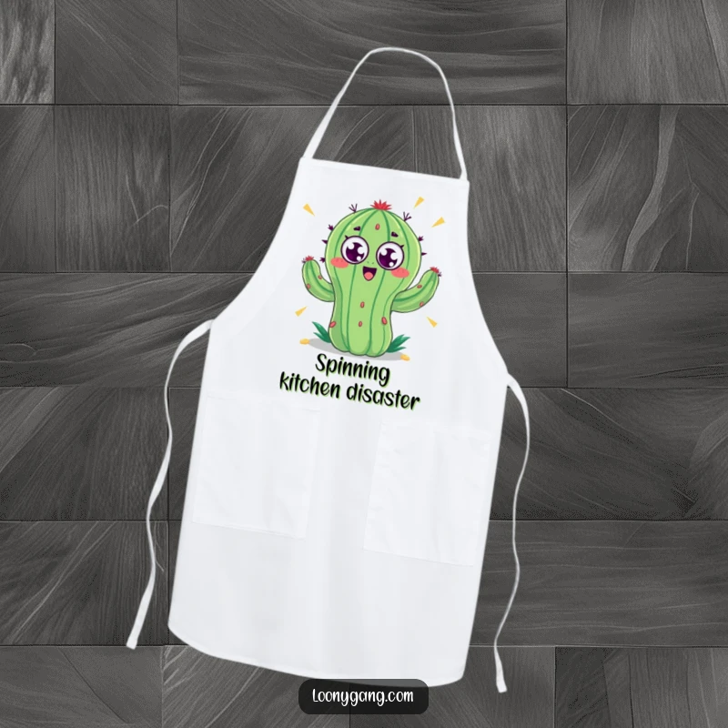 Funny apron with a cactus sporting googly eyes that are spinning at incredible speed, creating a dizzying and comical effect in the kitchen.