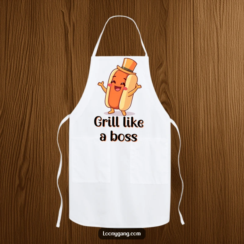Funny Hot Dog Jig Apron: A chef’s accessory with a grinning hot dog, tiny top hat, dancing a jig, ideal for kitchen parties.