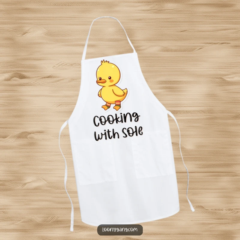 Funny bright yellow duckling apron with mismatched socks, perfect for adding a touch of quirky humor to cooking and baking. A functional funny accessory.
