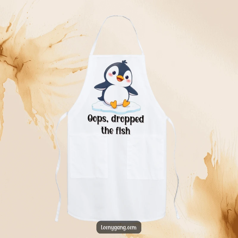Funny penguin apron featuring a cartoon penguin slipping on ice while cooking, a humorous kitchen accessory for chefs.