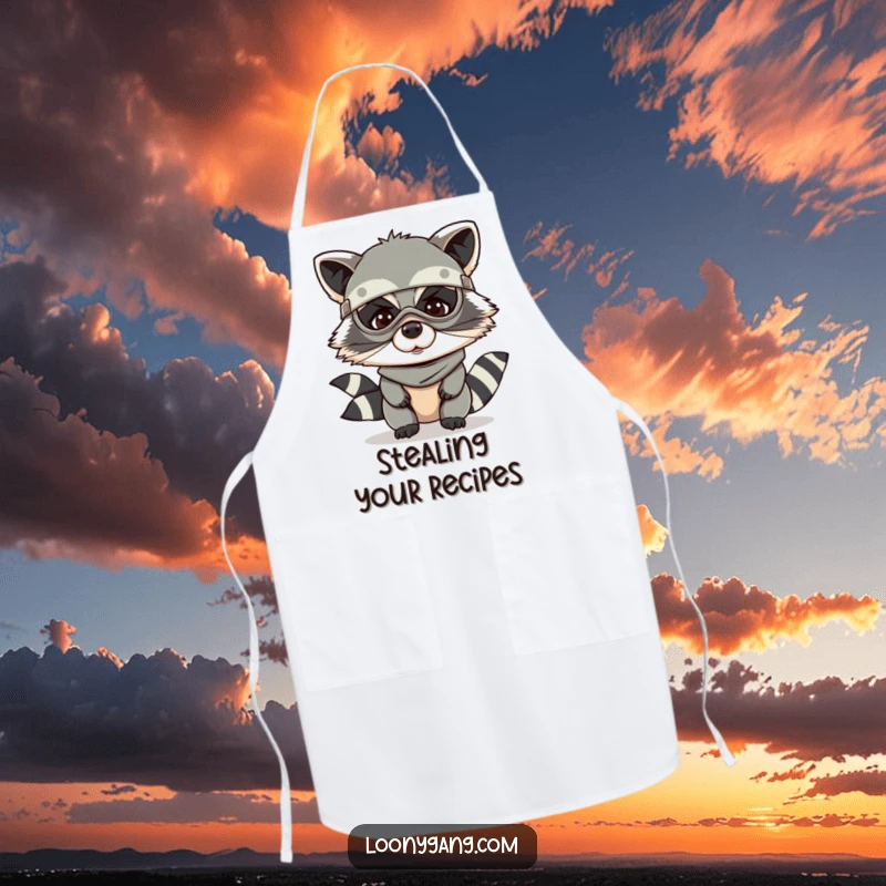 Funny raccoon apron with a giggling raccoon wearing a bandit mask, ideal for kitchen use.