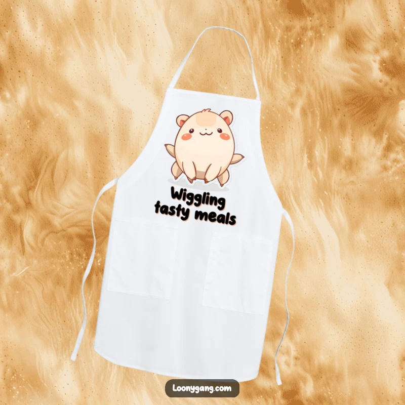 Funny creature with six short legs smiling and wiggling rhythmically, a humorous apron.