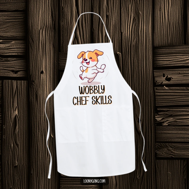 Funny Wobbly Dog Apron showing a dog spinning after its tail, perfect for cooks who enjoy humor and practicality in the kitchen.
