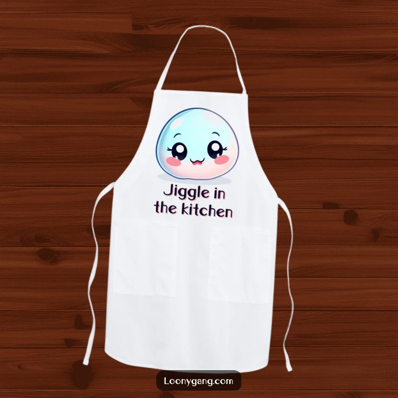 Funny wobbly jelly blob apron, a big-eyed, jiggly character in a controlled wobble, perfect for kitchen fun and protection.