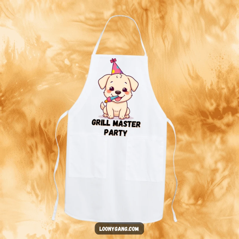 Funny apron showing a happy dog wearing a party hat and blowing a noisemaker, ready for kitchen festivities.