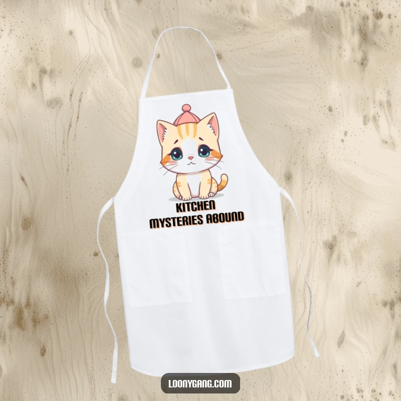 A functional apron adorned with a funny, confused cat cub wearing a tiny hat backwards, ready for kitchen adventures.