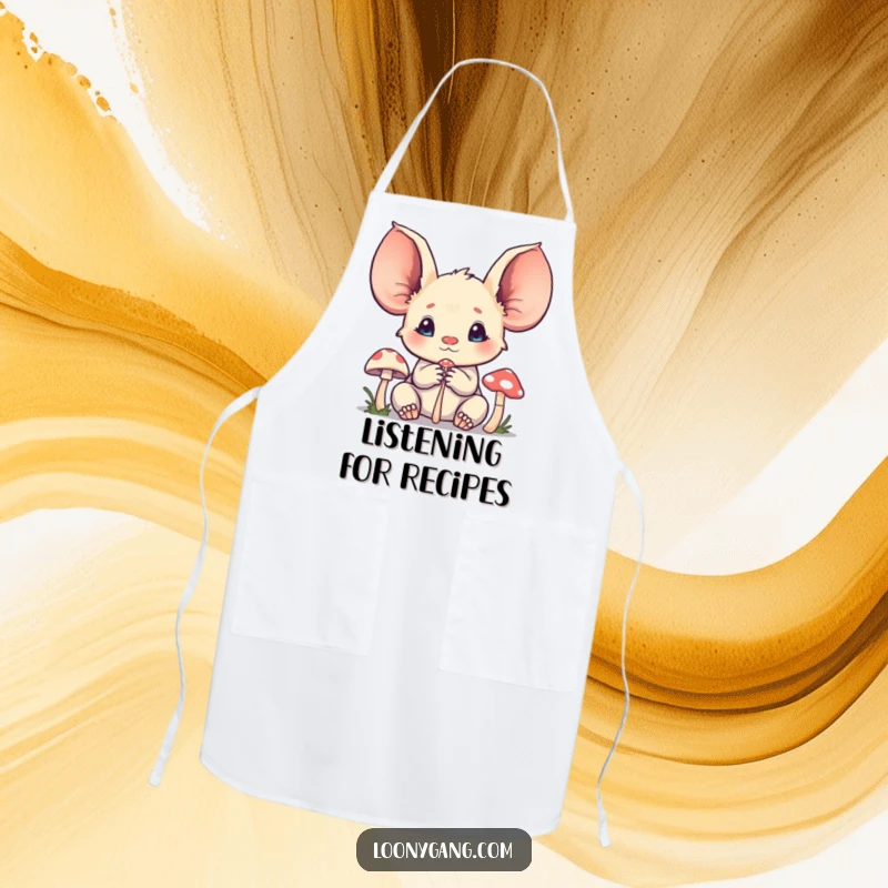 Funny creature apron with oversized ears listening intently to a tiny mushroom, bringing focus and humor to the kitchen.