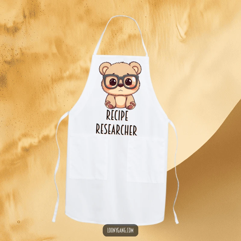 Funny bear cub wearing oversized glasses, peering around with a silly expression, featured on this humorous kitchen apron.