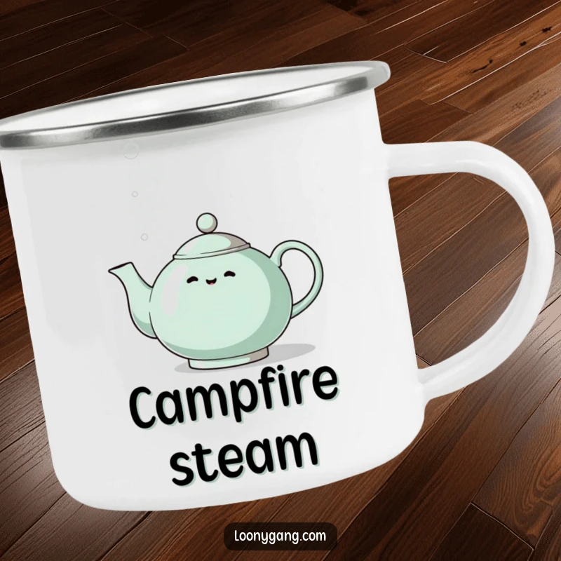 Funny Eccentric Teapot Camping Mug: A sturdy mug with an eccentric teapot whistling dramatically with steam, perfect for outdoor drinks.
