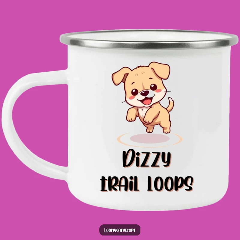 Funny Puppy Camping Mug: Enamel Clumsy Dog Chasing Tail, Durable Funny Outdoor Gift