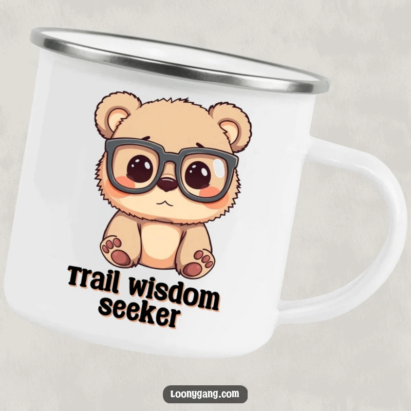 Funny bear cub wearing oversized glasses, peering around curiously, featured on a durable and humorous camping mug.