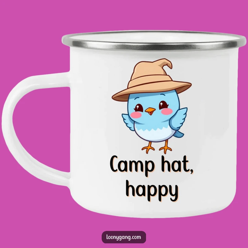 Funny Blue Bird Camping Mug: Enamel Quirky Bird in Big Hat, Durable Funny Outdoor Gift