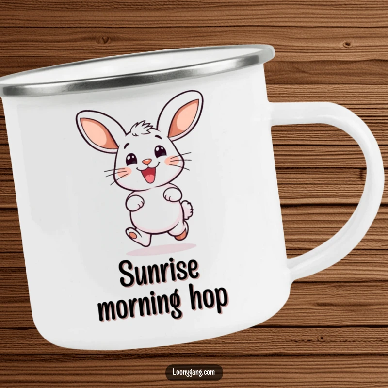 Funny camping mug featuring a smiling bunny with oversized ears, captured mid-hop in a delightful leap, ready for outdoor brews.