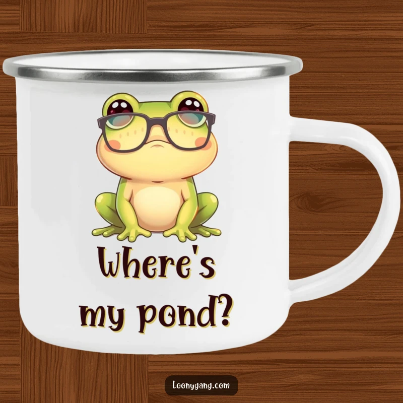 Funny frog wearing oversized glasses looking confused on a sturdy camping mug, a humorous and rugged funny gift.