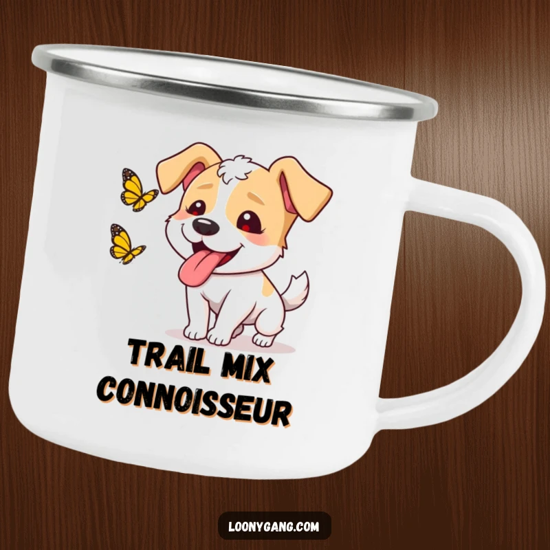 Funny dog butterfly camping mug showing a goofy dog, tongue out, chasing a butterfly, perfect for outdoor drinks with humor.