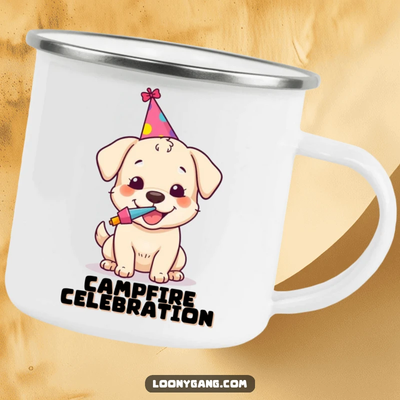Funny camping mug featuring a happy dog in a party hat, blowing a noisemaker, ready for outdoor celebrations.