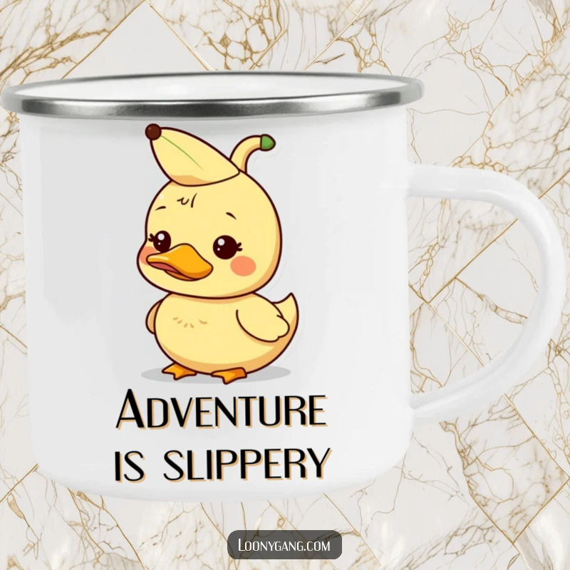 Funny dorky duckling with banana peel hat, enamel camping mug, outdoor humor.