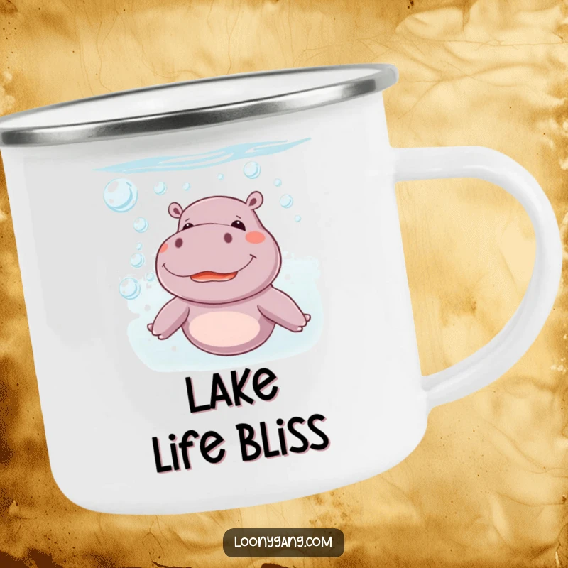 Funny giggling hippo blowing bubbles underwater on a sturdy camping mug, a humorous and rugged funny gift.