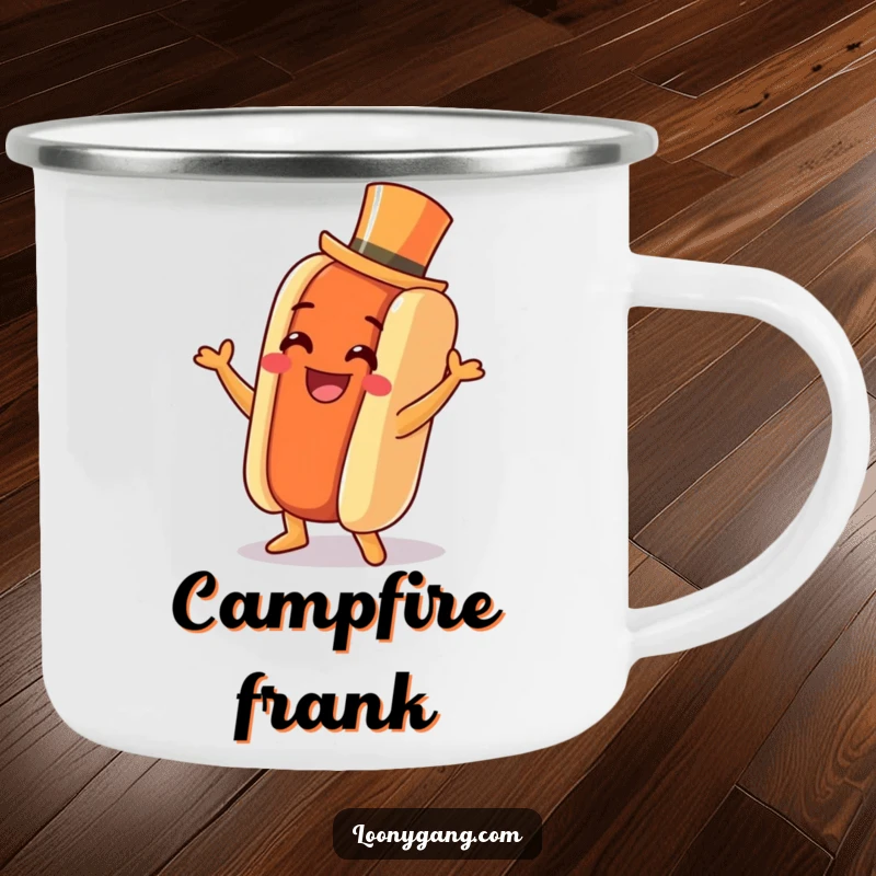Funny Hot Dog Jig Camping Mug: A sturdy mug with a grinning hot dog, tiny top hat, dancing a jig, perfect for outdoor drinks.