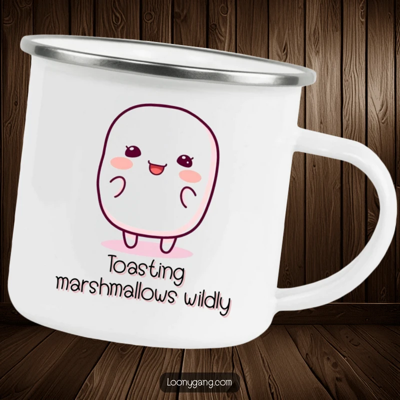 Funny Marshmallow Wiggle Camping Mug featuring a happy, jiggly marshmallow character wiggling with pure silliness, ideal for enjoying drinks outdoors with a sweet twist.