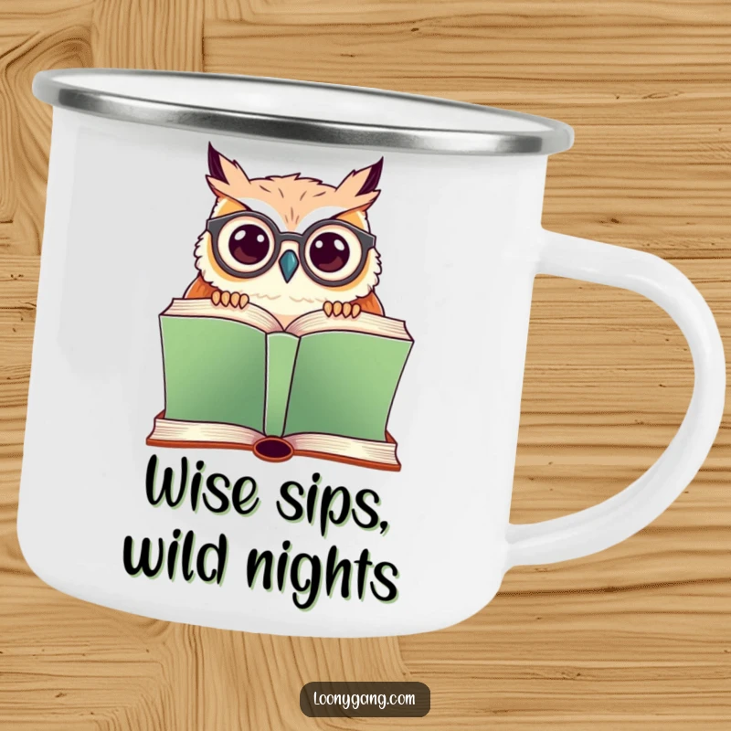 Funny camping mug featuring a wise owl with crooked glasses peeking over a large book, ready for the outdoors.