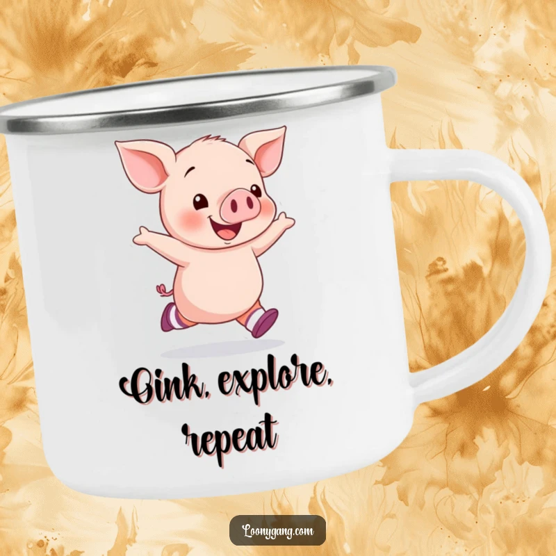 Funny piglet socks camping mug showing a happy piglet skipping with mismatched socks, perfect for outdoor drinks with humor.