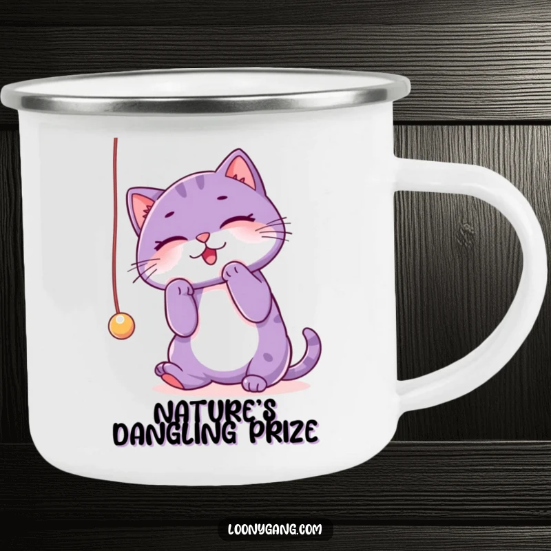 Funny purple cat camping mug featuring a playful cat batting at a string, ideal for outdoor enthusiasts seeking humor. Durable and fun.