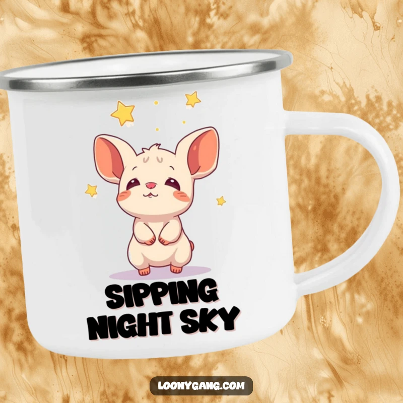 Funny creature with large cupped ears catching falling stars, a durable camping mug.