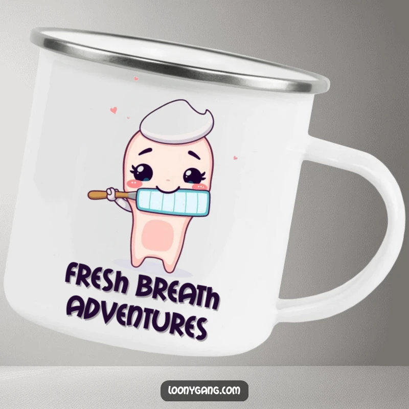 Funny animated toothbrush with a wide, silly smile brushing air, on a durable camping mug for outdoor fun.