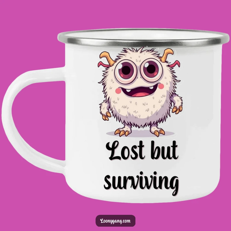Funny Fuzzy Monster Camping Mug: Tripping Eyes - Adventure Humor!