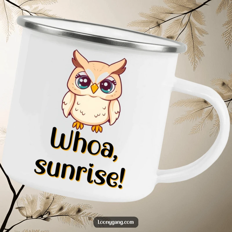 Funny camping mug with a startled owl with eyes popping out, durable for outdoor use, great funny gift.