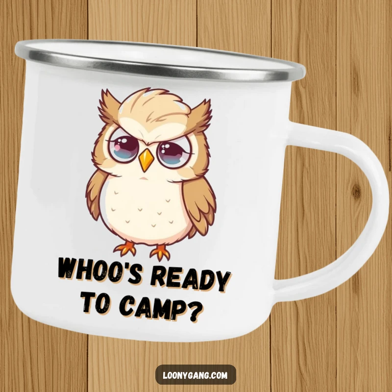 Funny owl camping mug in a flustered state with a large feather, perfect for enjoying drinks outdoors with a touch of charming, funny style. A durable funny friend.