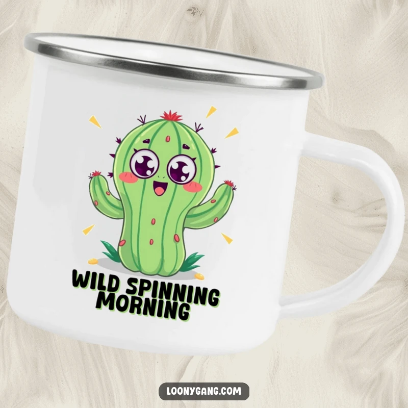 Funny camping mug featuring a cactus whose googly eyes are spinning uncontrollably, ready for any outdoor adventure with a dose of humor.