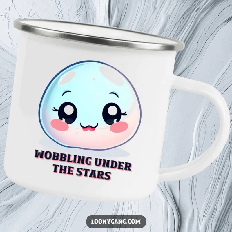 Funny wobbly jelly blob camping mug, a big-eyed, jiggly character wobbling uncontrollably, ready for outdoor beverage enjoyment.