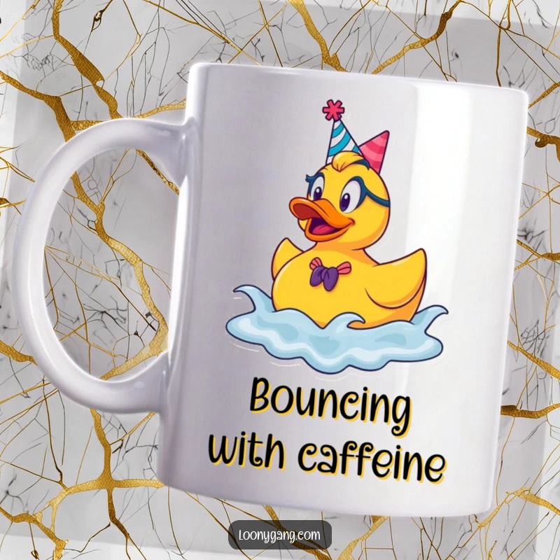 Funny rubber ducky mug wearing a party hat, joyfully bouncing on waves, ready for a fun-filled day.