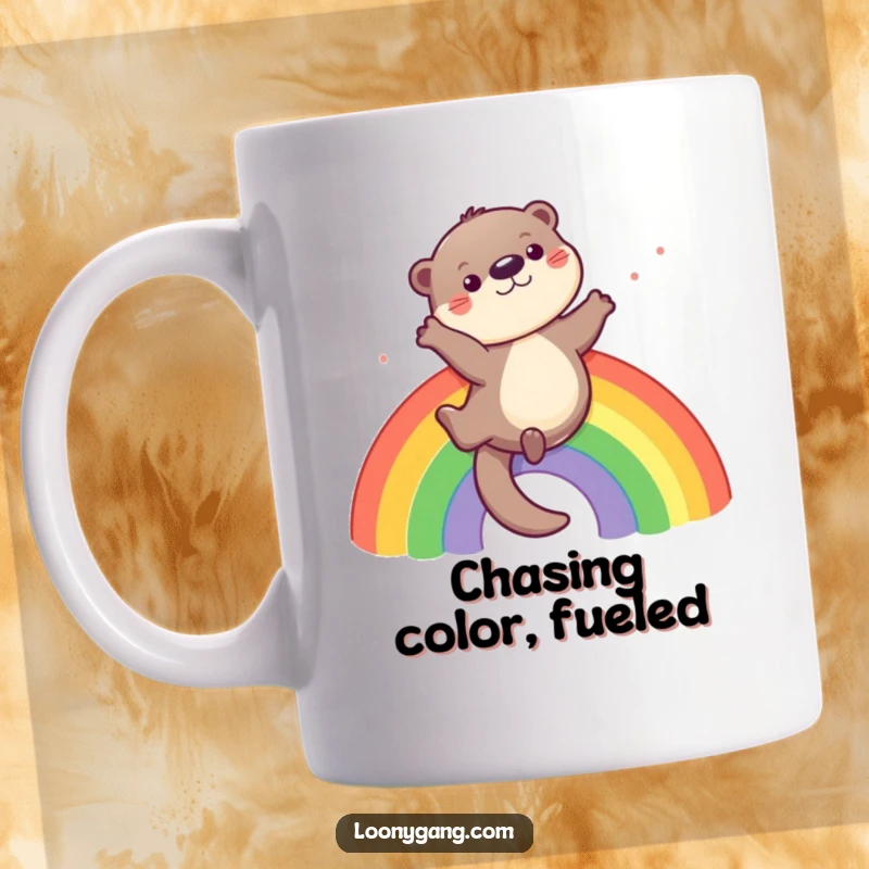 Funny otter mug with a playful otter character joyfully sliding down a vibrant rainbow, radiating happiness.