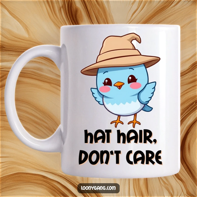 Funny blue bird mug showing a smiling blue bird wearing a comically oversized and crooked hat, radiating happiness. Ideal for lovers of funny animal mugs and unique designs.