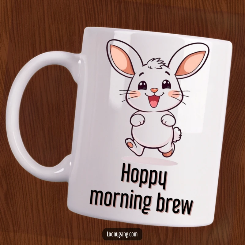 Funny mug showing a smiling bunny with oversized ears, captured in a delighted, energetic hop, radiating pure joy.